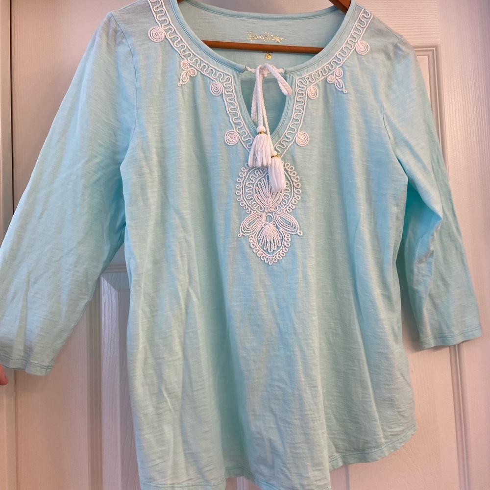 Lily Pulitzer Aqua Blue Tassel Top with Cord Detail Size L
